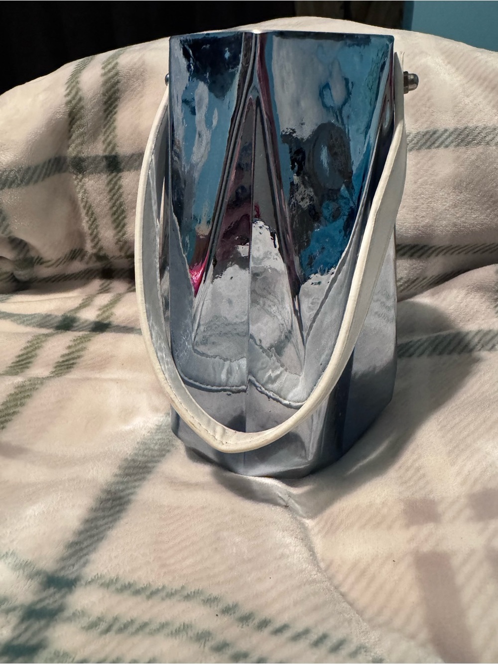 Silver Metallic Sculpted lantern with White Handle